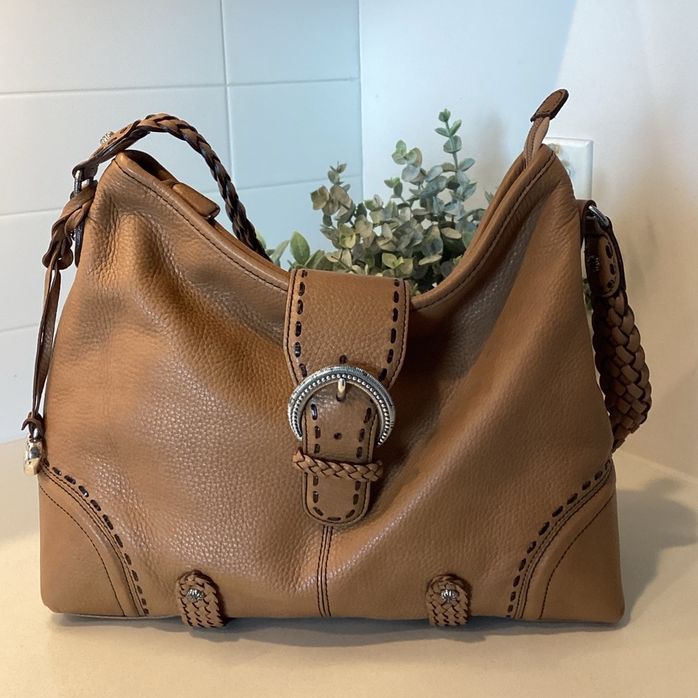 Brighton Tan Leather Hobo Western Style Women's HandBag Woven Braided Strap